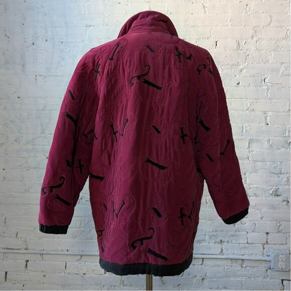 Vintage Purple Silk Jacket Embroidered Quilted Utility Boho Blanket Coat Small - Picture 2 of 9